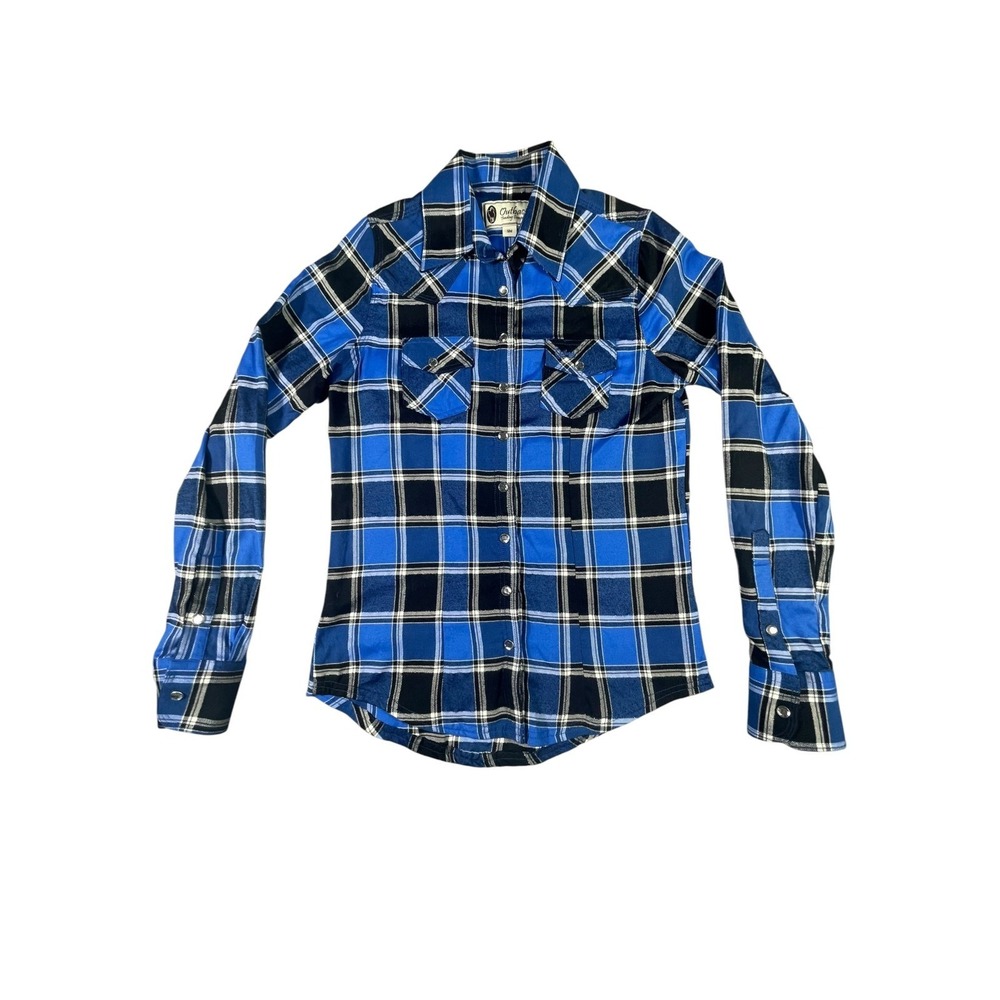 Outback Trading Company Western Shirt Womens Small Blue Black Plaid Pearl Snap